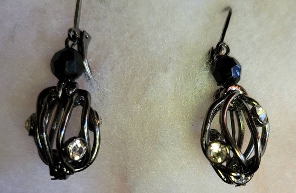 Vintage Black Silver Rhinestone Drop Earrings