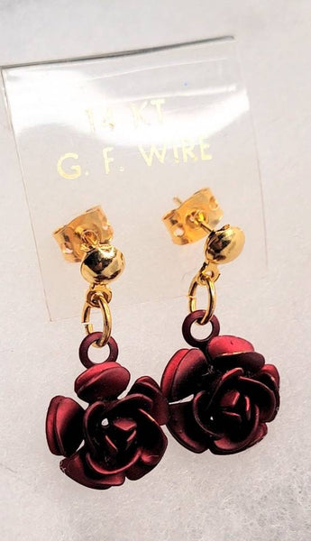 Rich Red Sculpted Metal Roses on 14k Gold Fill