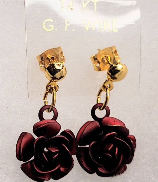 Rich Red Sculpted Metal Roses on 14k Gold Fill