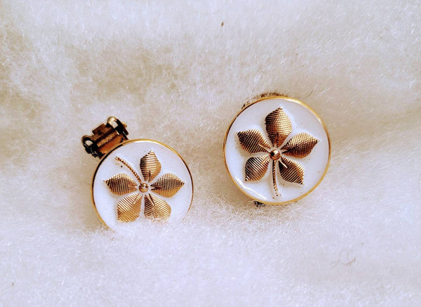 Rare Find Very Unique White Glass & Gold Foral Vintage Clips