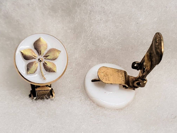 Rare Find Very Unique White Glass & Gold Foral Vintage Clips