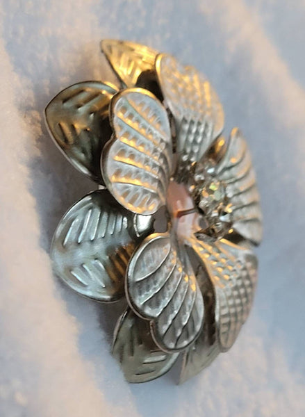 Vintage Soft Pink & Silver Flower Brooch