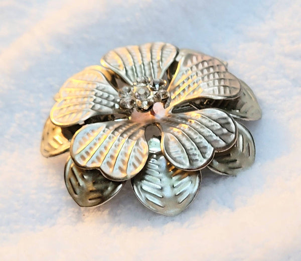 Vintage Soft Pink & Silver Flower Brooch