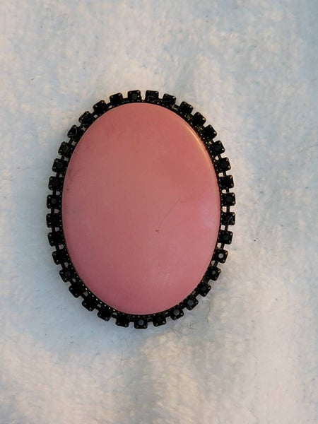 Pink Muted Oval Garnished with Black Rhinestone  Vintage Brooch