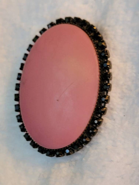 Pink Muted Oval Garnished with Black Rhinestone  Vintage Brooch