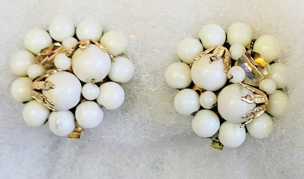 Fabulous Fifties White & Crystal Vintage Button Ear Candy. @