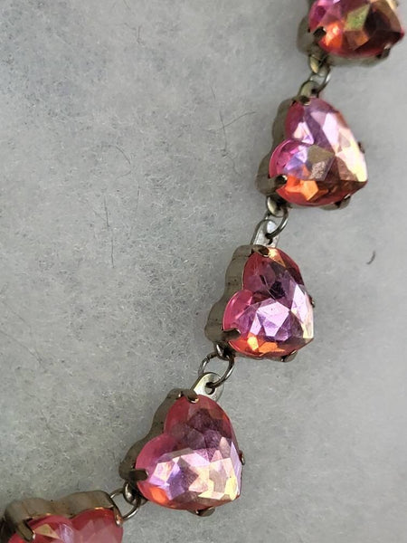 Pink Rhinestones Hearts Necklace 1950s Blast of Brilliance..!