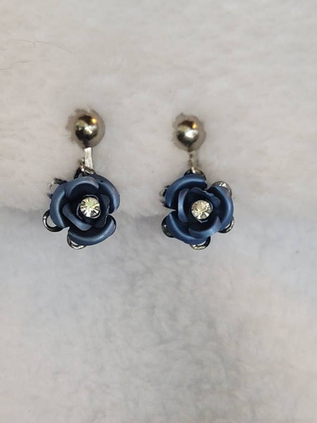 Blue Metal Rhinestones & Roses Earrings...