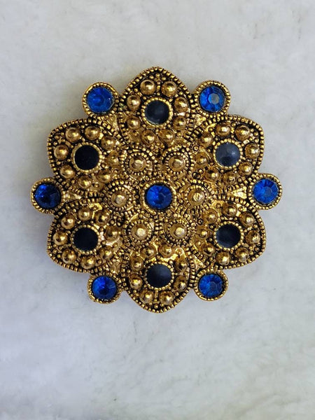 Ornate Gold Blue Black Stone Brooch