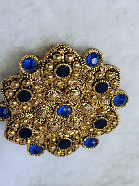 Ornate Gold Blue Black Stone Brooch