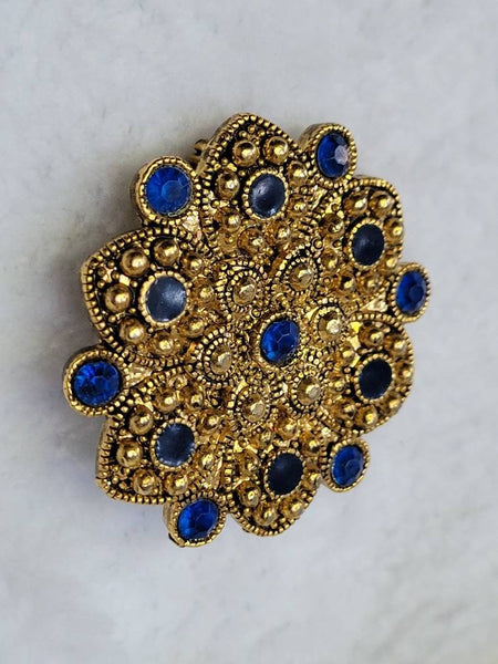 Ornate Gold Blue Black Stone Brooch