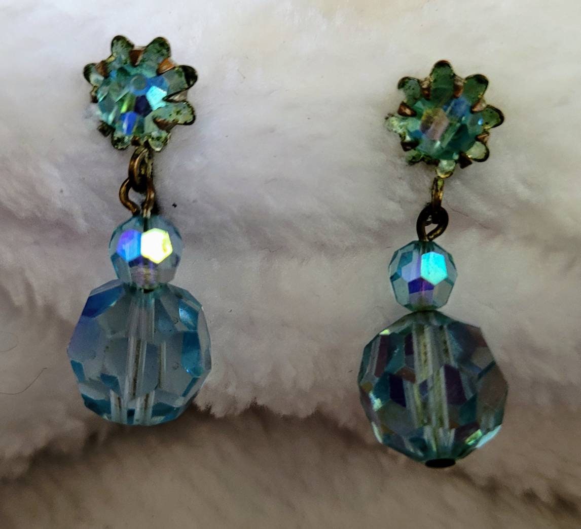 Coro Caribbean Blue Crystal Drop 50s Earrings