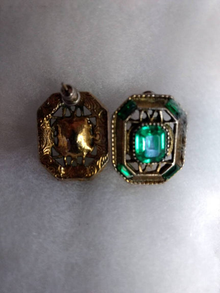 Green On Gold Vintage Rhinestone  Earrings