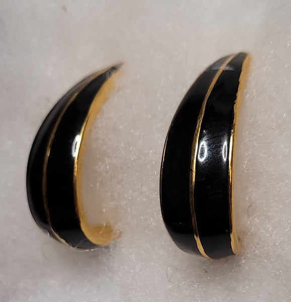 Monet Open Hoop Black & Gold Vintage Earrings