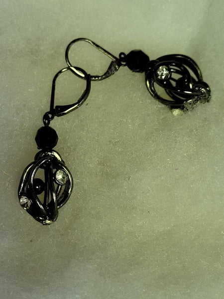 Vintage Black Silver Rhinestone Drop Earrings