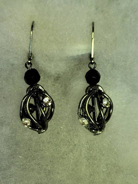 Vintage Black Silver Rhinestone Drop Earrings