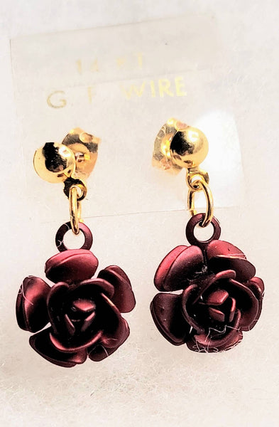 Rich Red Sculpted Metal Roses on 14k Gold Fill