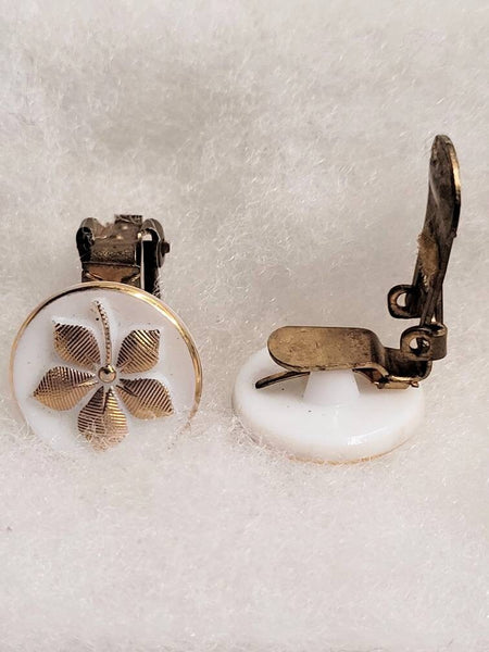 Rare Find Very Unique White Glass & Gold Foral Vintage Clips