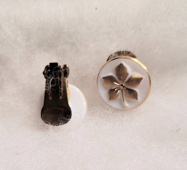 Rare Find Very Unique White Glass & Gold Foral Vintage Clips