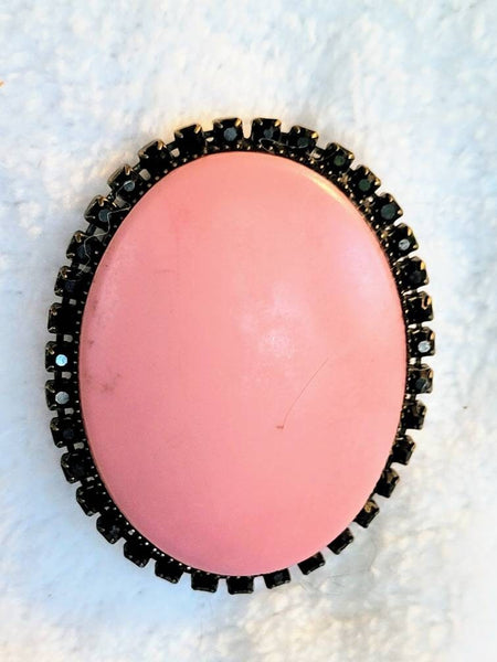 Pink Muted Oval Garnished with Black Rhinestone  Vintage Brooch