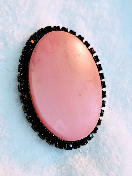 Pink Muted Oval Garnished with Black Rhinestone  Vintage Brooch