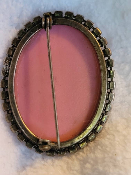 Pink Muted Oval Garnished with Black Rhinestone  Vintage Brooch