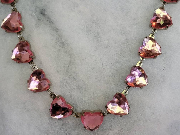 Pink Rhinestones Hearts Necklace 1950s Blast of Brilliance..!