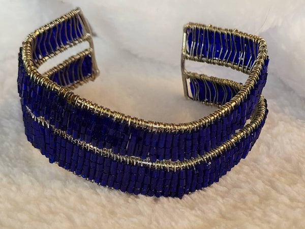 Cobalt Blue Glass on Sculpted Silver Greecian Braclet