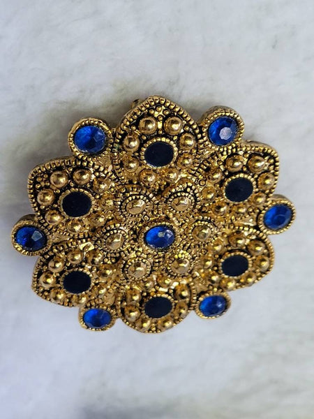 Ornate Gold Blue Black Stone Brooch