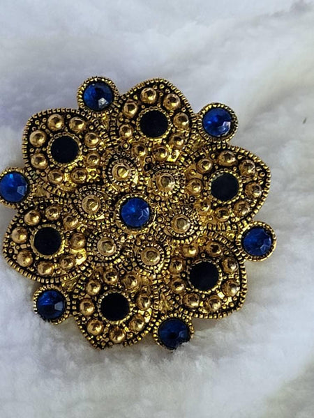 Ornate Gold Blue Black Stone Brooch