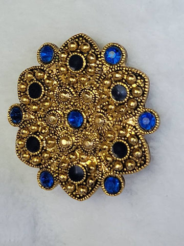 Ornate Gold Blue Black Stone Brooch