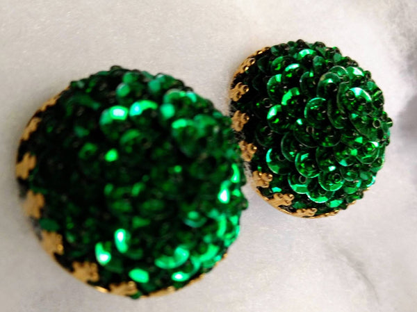 Sparkling Sequin Emerald Green Dome Earrings  1960s Style