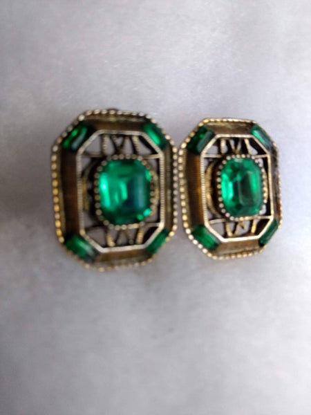 Green On Gold Vintage Rhinestone  Earrings