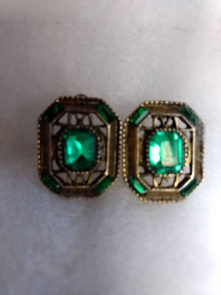 Green On Gold Vintage Rhinestone  Earrings