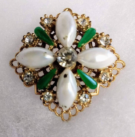 Fifties Favorite Rhinestones Faux Pearl's Greens Golds Brooch