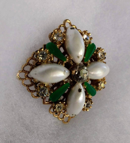 Fifties Favorite Rhinestones Faux Pearl's Greens Golds Brooch