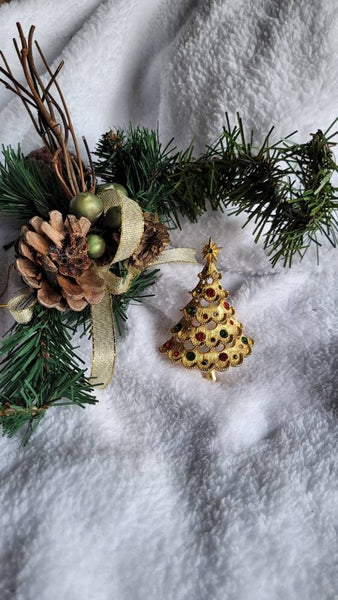 Gold & Sparkling Rhinestone Vintage Christmas Tree Brooch