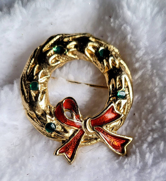 Golden N Green N Red Enamel Vintage Wreath