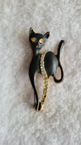 Sassy Sixties Black Cat Pin... Gold Trim Sparkling Rhinestones