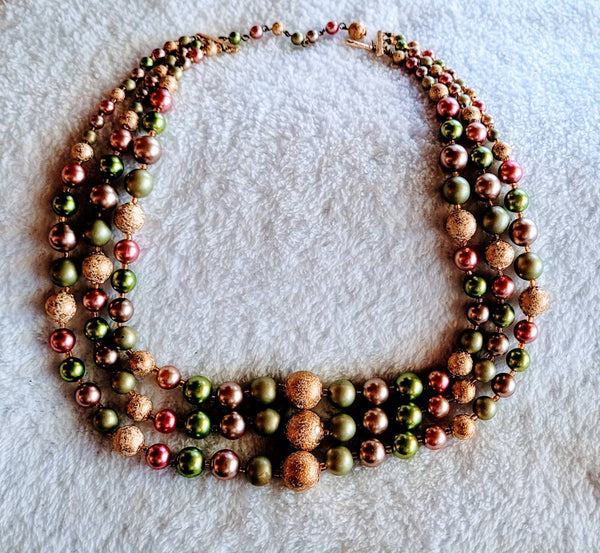 Mid Century 3 Strand Necklace in Delightful Deco Colors Stamped Japan