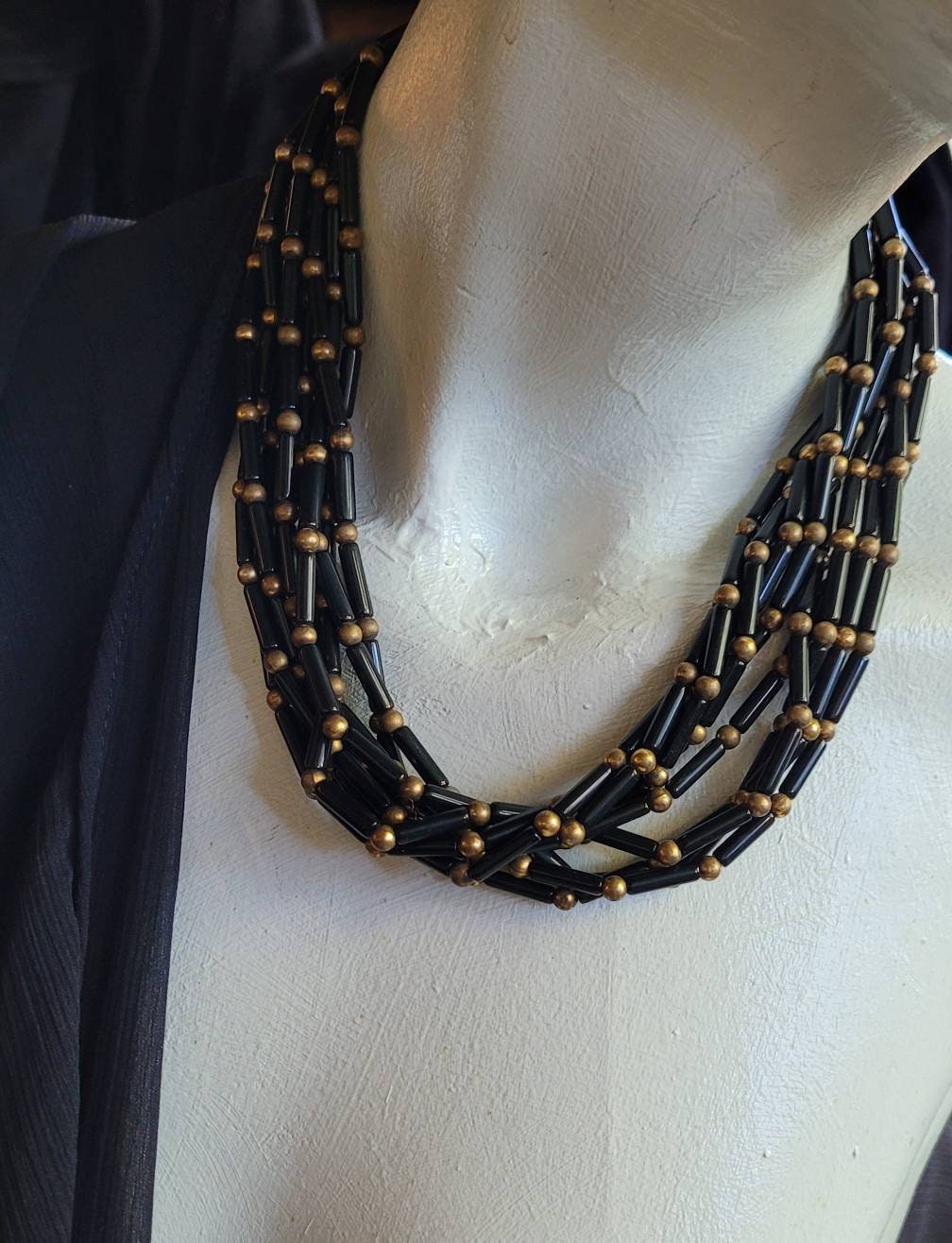 Egyptian Revival Black Glass & Brass 10 Strand Vintage Necklace...