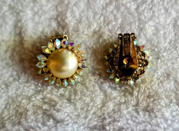 Marvelous Marvella Cut Crystal & Pearl 1950s Clip Earrings...