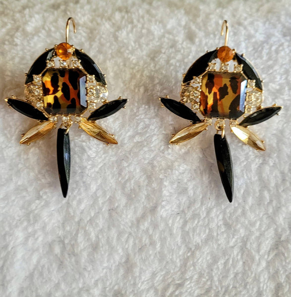 Hot Earrings..! Leopard Rhinestone Black Glass Stunners..! Exotic Glamor