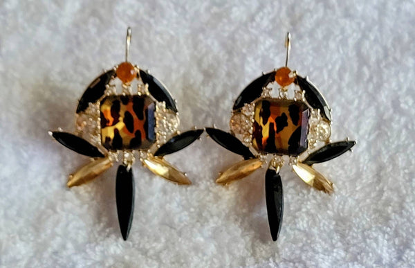 Hot Earrings..! Leopard Rhinestone Black Glass Stunners..! Exotic Glamor