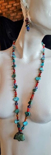 Beautiful Turquoise Silver Glass Necklace & Earrings Set Design By Deborah Billion Beads