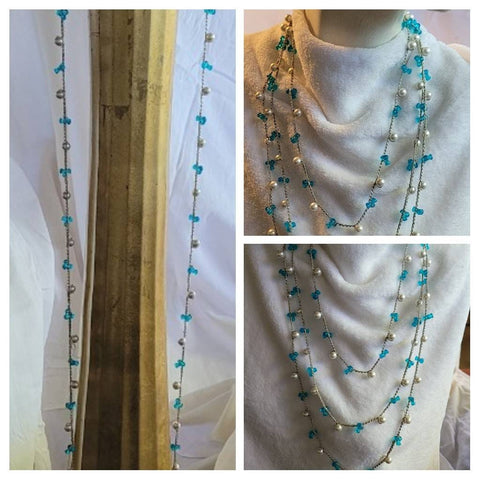Fun Forties Flapper Style 80 inch Necklace Pearl's Aqua Beads Crochet Silver Chain