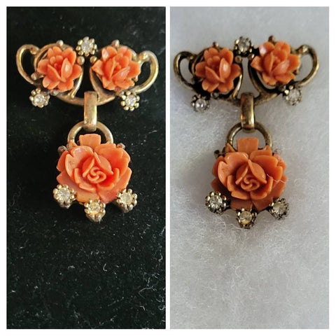 Vintage Celluoid Peach Pink Coral Floral Rhinestone Pin on Goldtone 1940s Base...