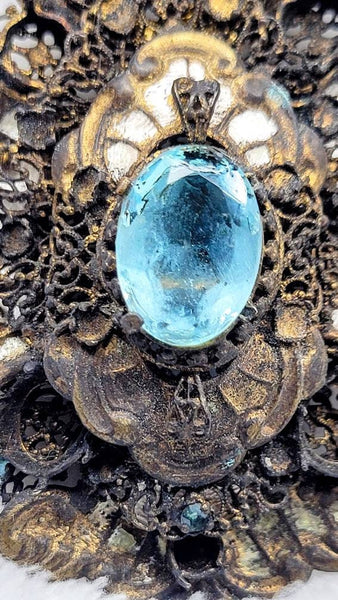 Turn of the Century Ornate Blue Topaz Antique Pendant