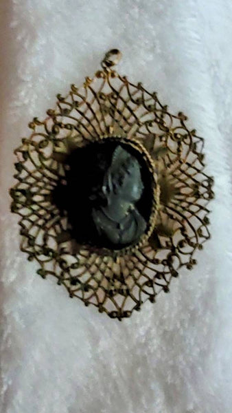 1900s Antique Black Cameo Pendant Delicate Filligree Pendant Turn of the Century with chain length of choice...