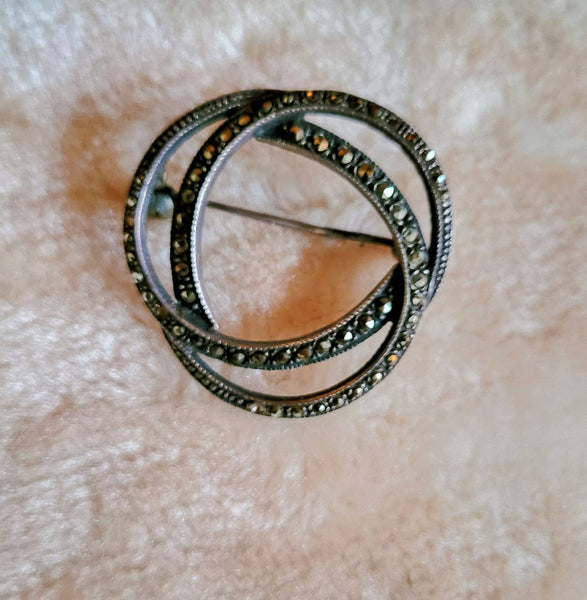 Deco Silver Circle Trio Marcasite Antique Pin